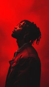 Bold profile portrait glows softly in deep red studio light