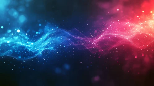 Luminous blue and magenta particle waves in motion.