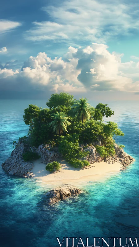 Small tropical island with vegetation surrounded by blue ocean.