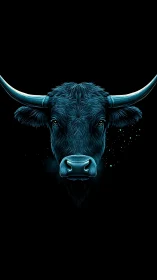 Midnight blue bull gazes calmly from the glowing darkness