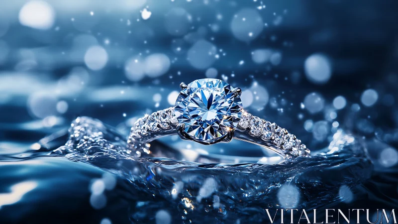 Diamond ring rests on rippling water with bokeh highlights