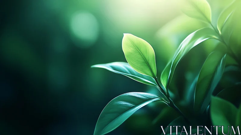 Macro close-up of sunlit green leaf with shallow depth-of-field