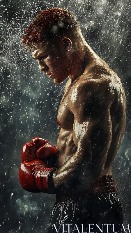 Boxer in rain with red gloves. Dramatic athletic portrait.