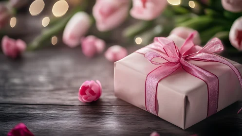 Pink gift box rests on rustic table with soft tulip decor