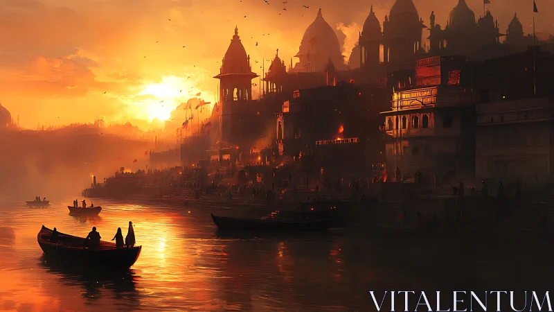 Riverside ghats blaze under molten orange sunset sky.
