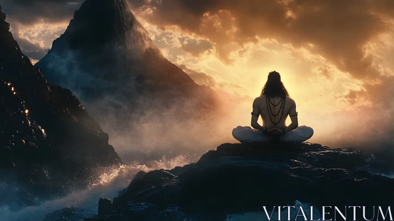Backlit yogic silhouette meditates on wet rocks amid storm surf