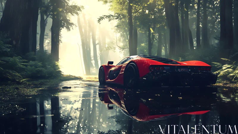 Crimson supercar idles in misty forest of mirrored pools.