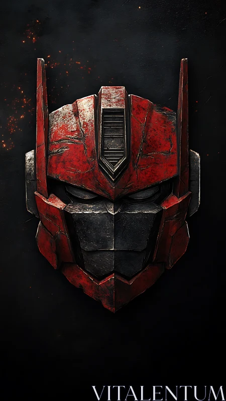 Weathered red robotic helmet is centered on a dark field