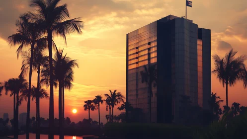 Glass office tower glows in tropical sunset skyline scene.