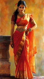 Woman in traditional red sari with ornate gold jewelry.