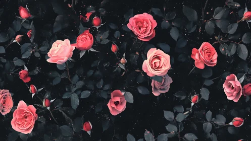 Pink roses on dark foliage. Overhead botanical composition.
