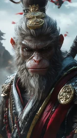 Rendered warrior monkey in ornate armor faces forward
