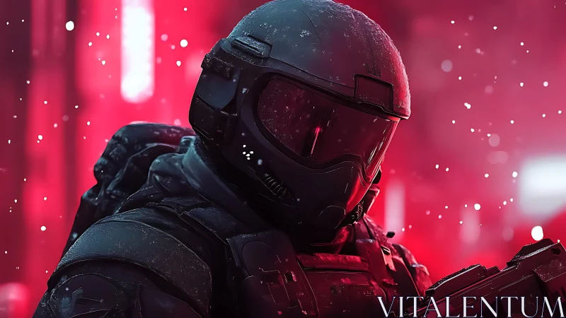 Armored sci fi soldier under neon red snowfall at night.