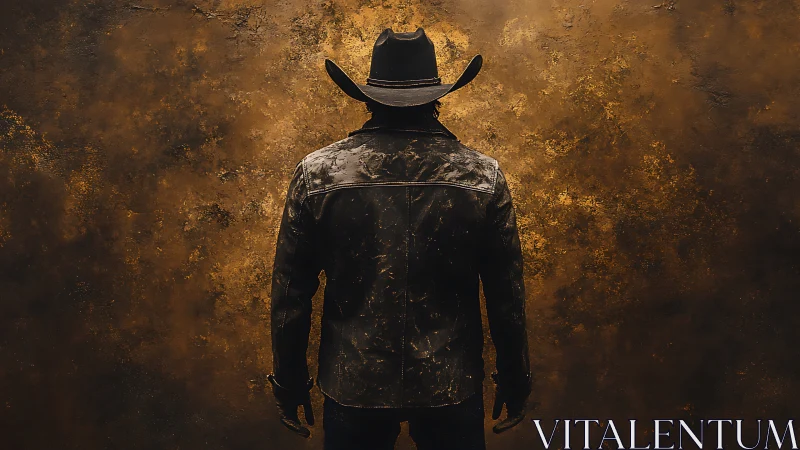 Lone cowboy in worn leather against glowing rustic backdrop.