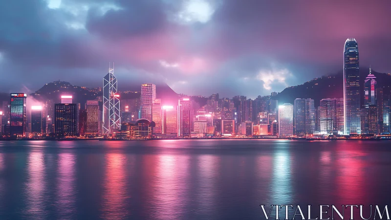 Neon harbor skyline under moody clouds reflects soft light.