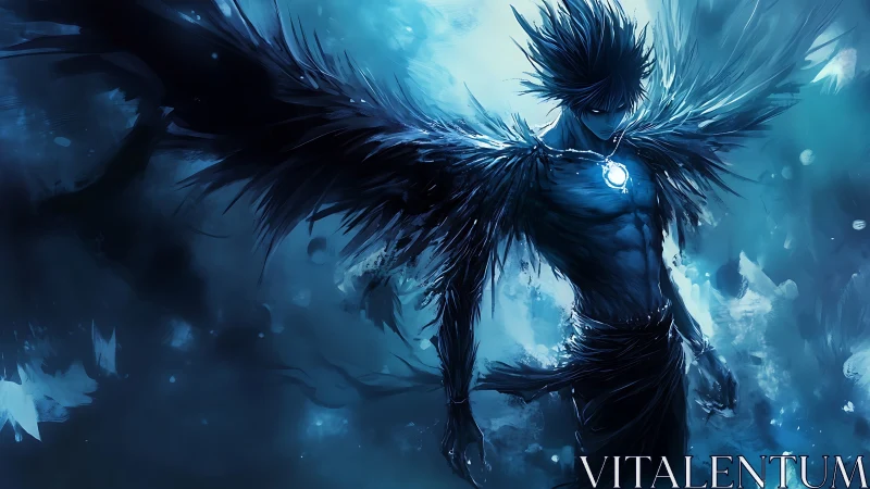 Midnight winged wraith crowned in icy celestial glow.