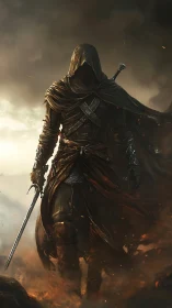Hooded shadowblade strides through embers of a dying battlefield.