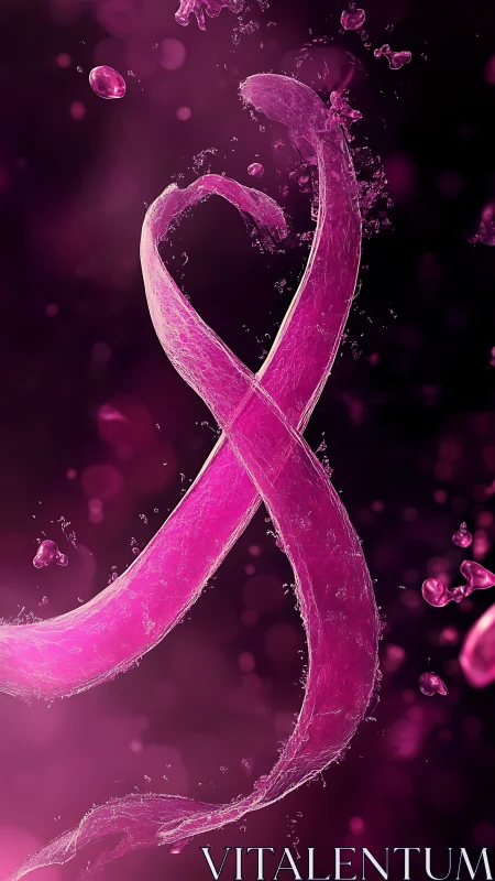 Liquid pink awareness ribbon arcs dynamically in deep magenta