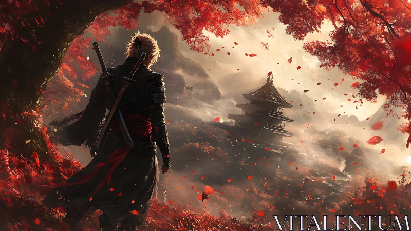 Lone samurai faces misty pagoda beneath burning autumn sky
