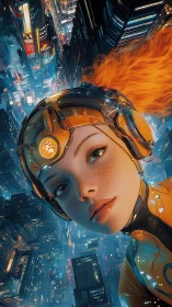 Cybernetic pilot with orange exosuit surveys neon megacity at night