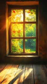 Sunlit wooden floor beneath rustic window frame at dusk.