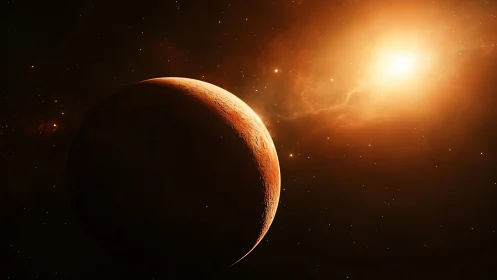 Silent red planet drifts in warm golden starlight glow