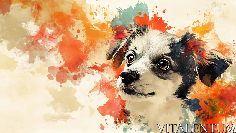 Playful puppy portrait glows amid vibrant watercolor splashes