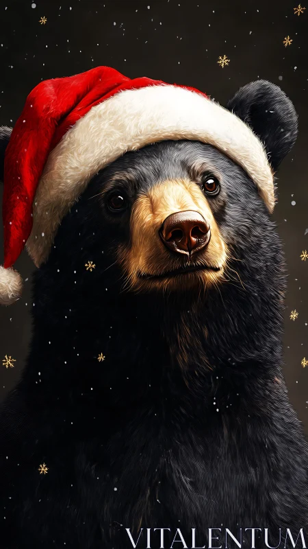 Upright black bear in Santa hat under stylized snowfall.