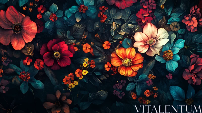 Digital Floral Composition: Layered Botanical Rendering with Teal-Red-Orange Chromatic Architecture