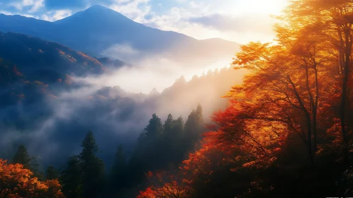 Golden autumn forest glows beneath misty mountain dawn