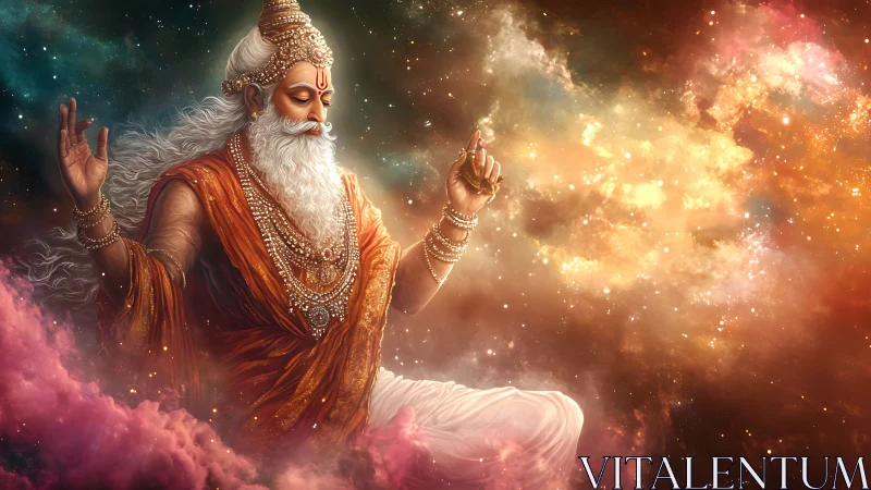 Cosmic sage in luminous nebula with flowing silk robes.