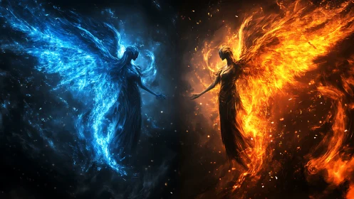 Twin elemental angels in a glowing dance of fire and ice.