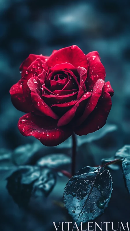 Crimson Rose with Moisture Droplets Against Teal Background.