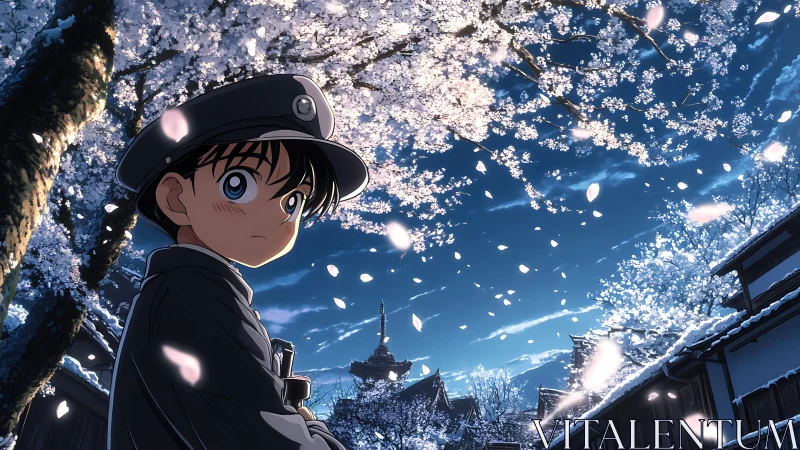 Schoolboy under cherry blossoms in night urban street scene.