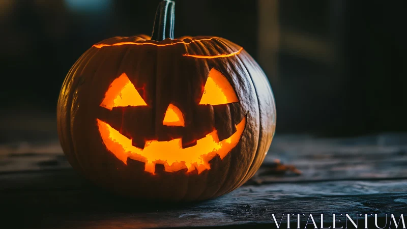 Illuminated carved pumpkin jack o lantern on wooden surface.