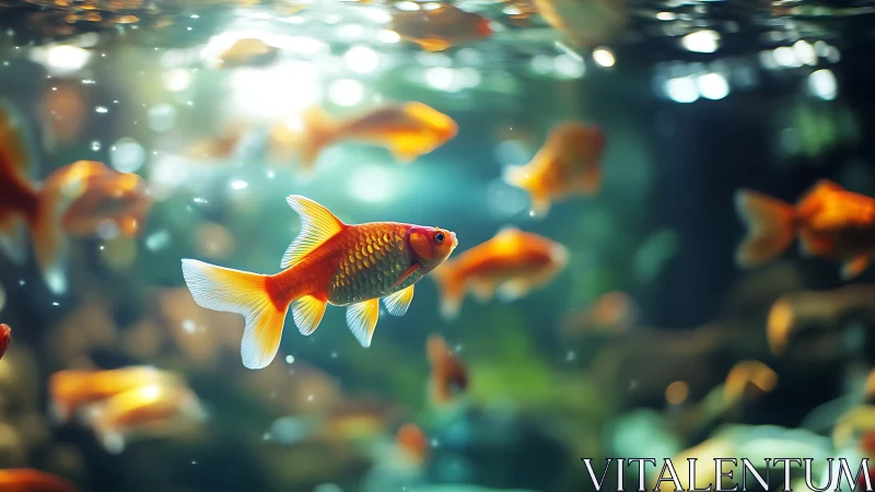 Golden koi drifts through glowing bokeh-lit aquarium waters