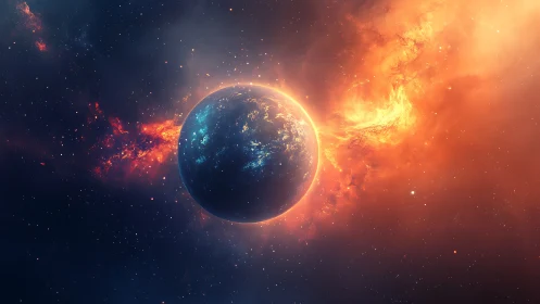 Lone sapphire planet bathing in a wildfire solar halo.