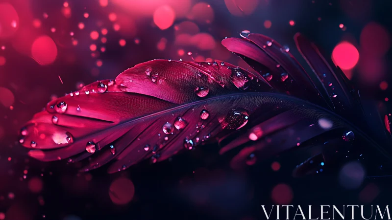 Crimson feather drinks starlit raindrops in neon twilight