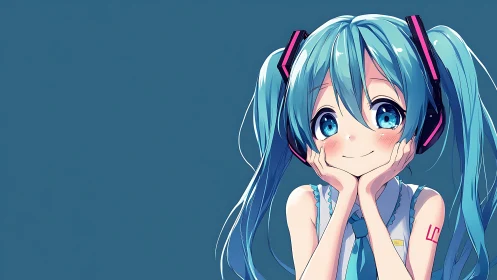 Blue-haired anime girl smiles softly in minimalist space.