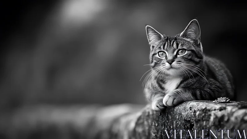 Tabby Cat Resting on Log. Black and White Portrait.