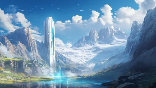 Futuristic vertical structure stands in glacial mountain basin