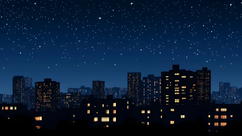 Quiet city skyline resting beneath a gentle starry night.