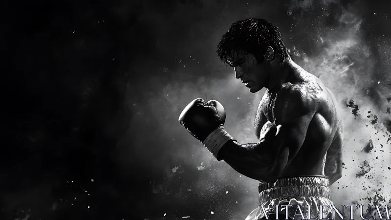 Monochromatic Athletic Portrait: Shirtless Boxer in Combat Stance with Dynamic Particle Effects