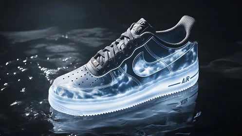 Futuristic glowing Nike sneaker on reflective wet surface.