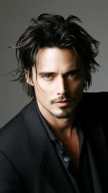 Stylish man in dark suit with tousled hair portrait.