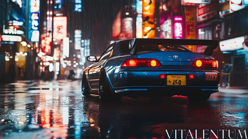 Neon city rain glows around a sleek blue street racer.