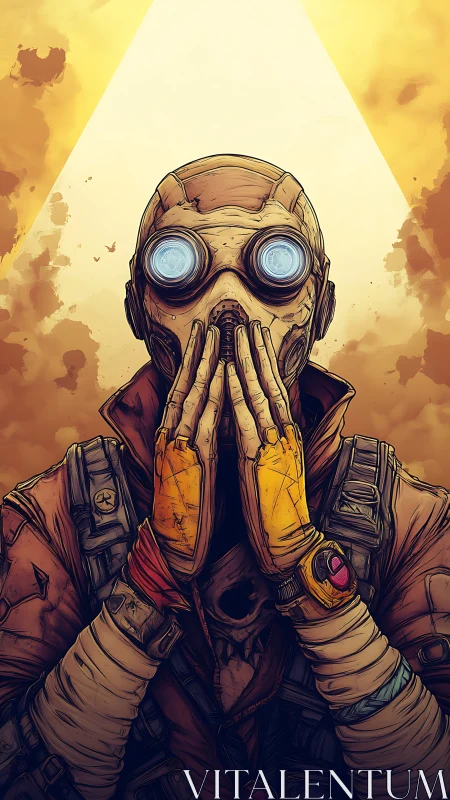 Goggled wanderer shields wide eyes beneath apocalyptic sunbeam