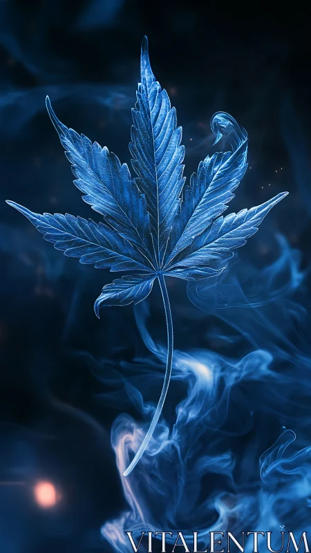 Luminous blue leaf drifting through swirling night smoke.