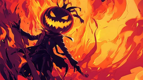 Flaming pumpkin headed reaper strides through blazing inferno.