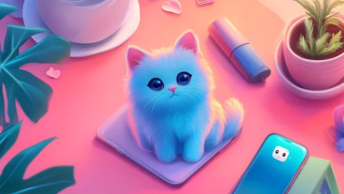 Pastel Blue Kitten on Mobile Device Workspace.